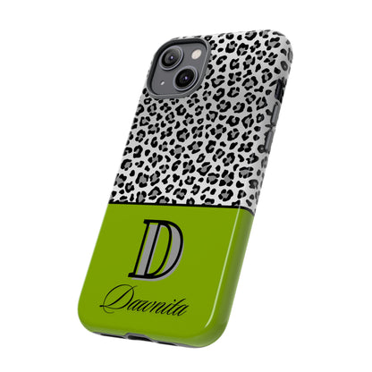 Gray Leopard Print and Green Personalized Name Phone Case - for iPhone, Samsung, and Google Phones