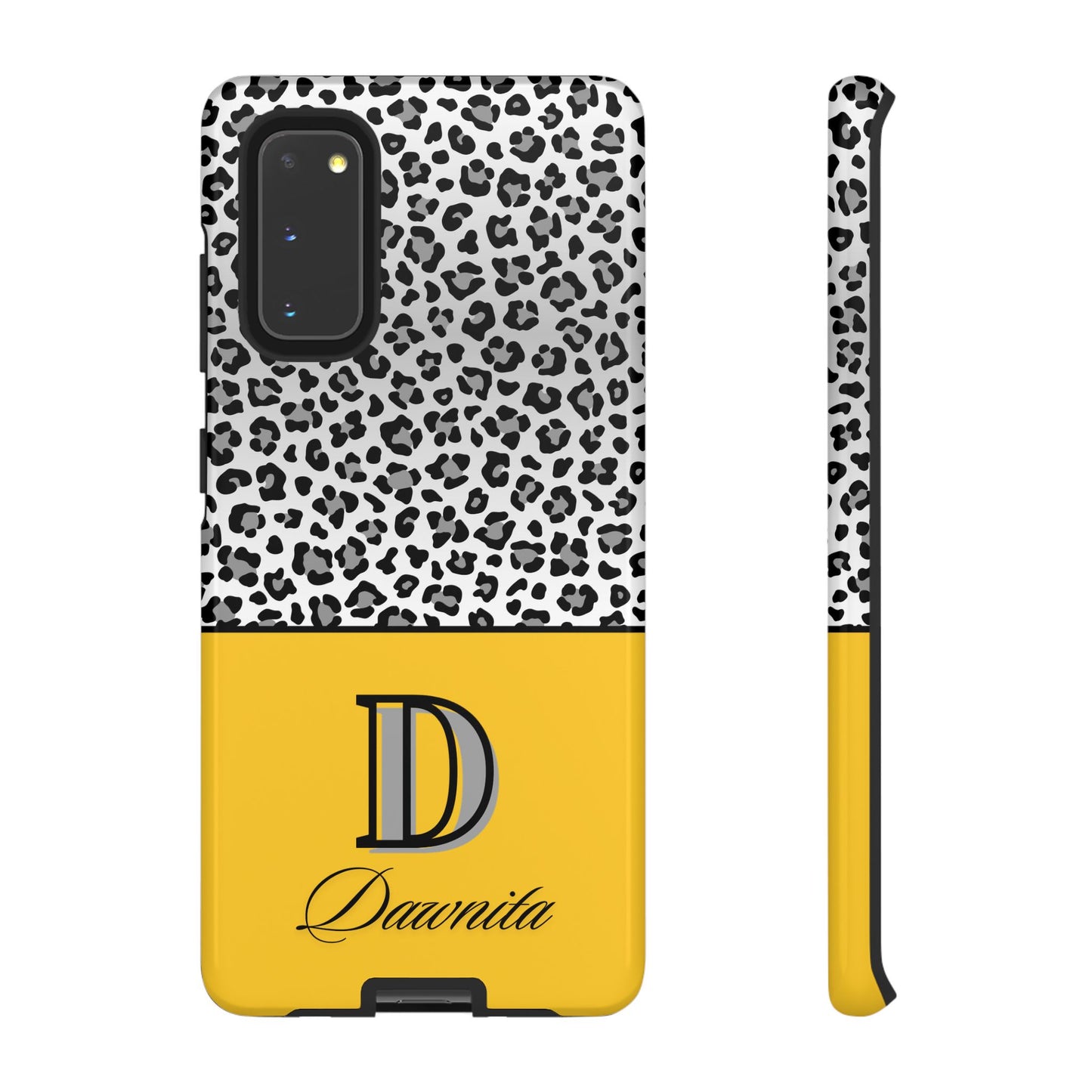 Gray Leopard Print and Yellow Personalized Name Phone Case - for iPhone, Samsung, and Google Phones