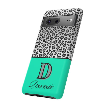 Gray Leopard Print and Teal Personalized Name Phone Case - for iPhone, Samsung, and Google Phones