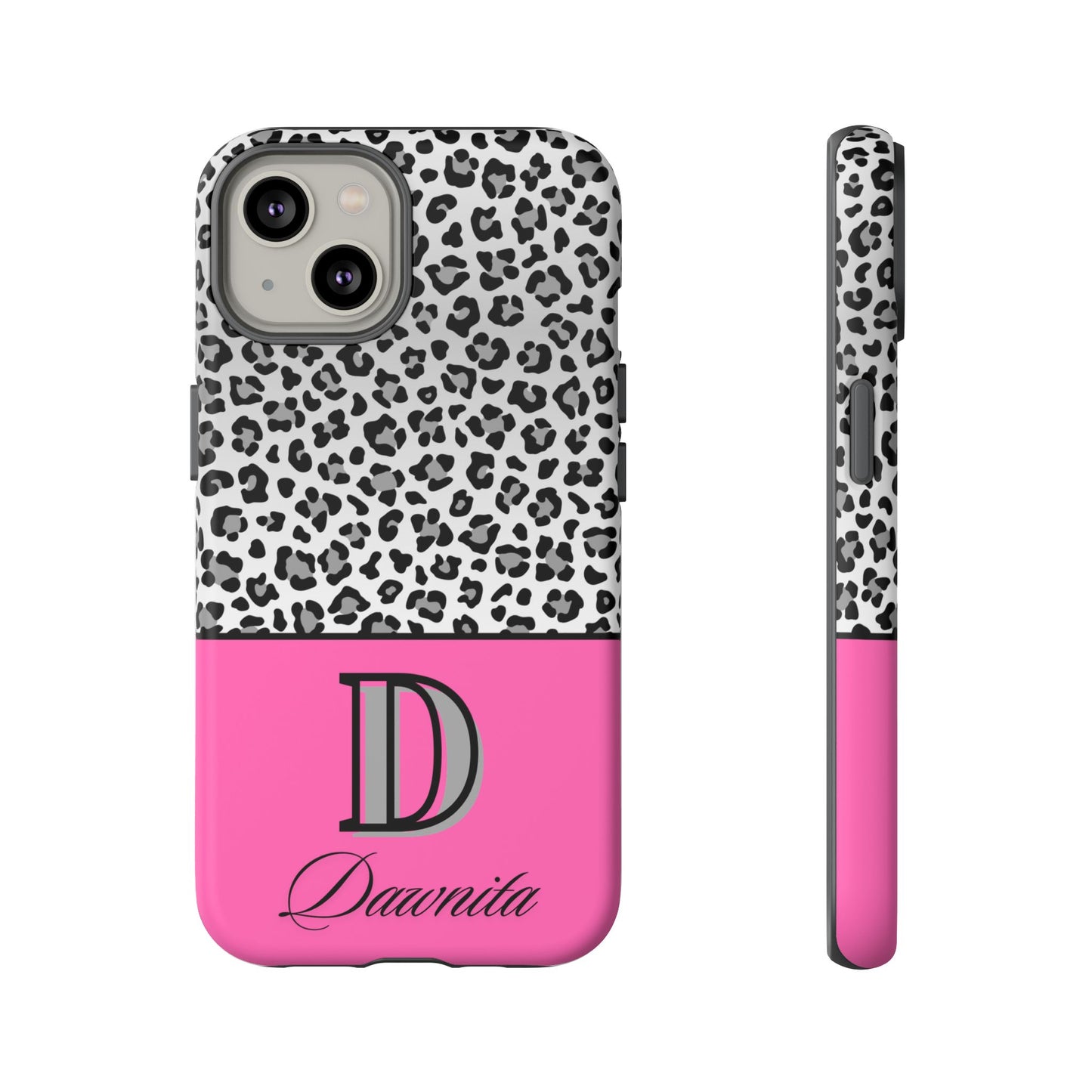 Gray Leopard Print and Pink Personalized Name Phone Case - for iPhone, Samsung, and Google Phones