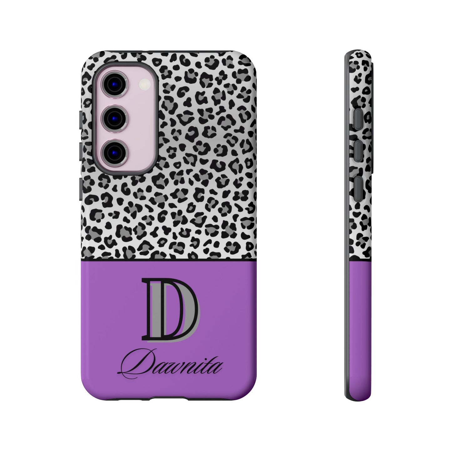 Gray Leopard Print and Purple Personalized Name Phone Case - for iPhone, Samsung, and Google Phones