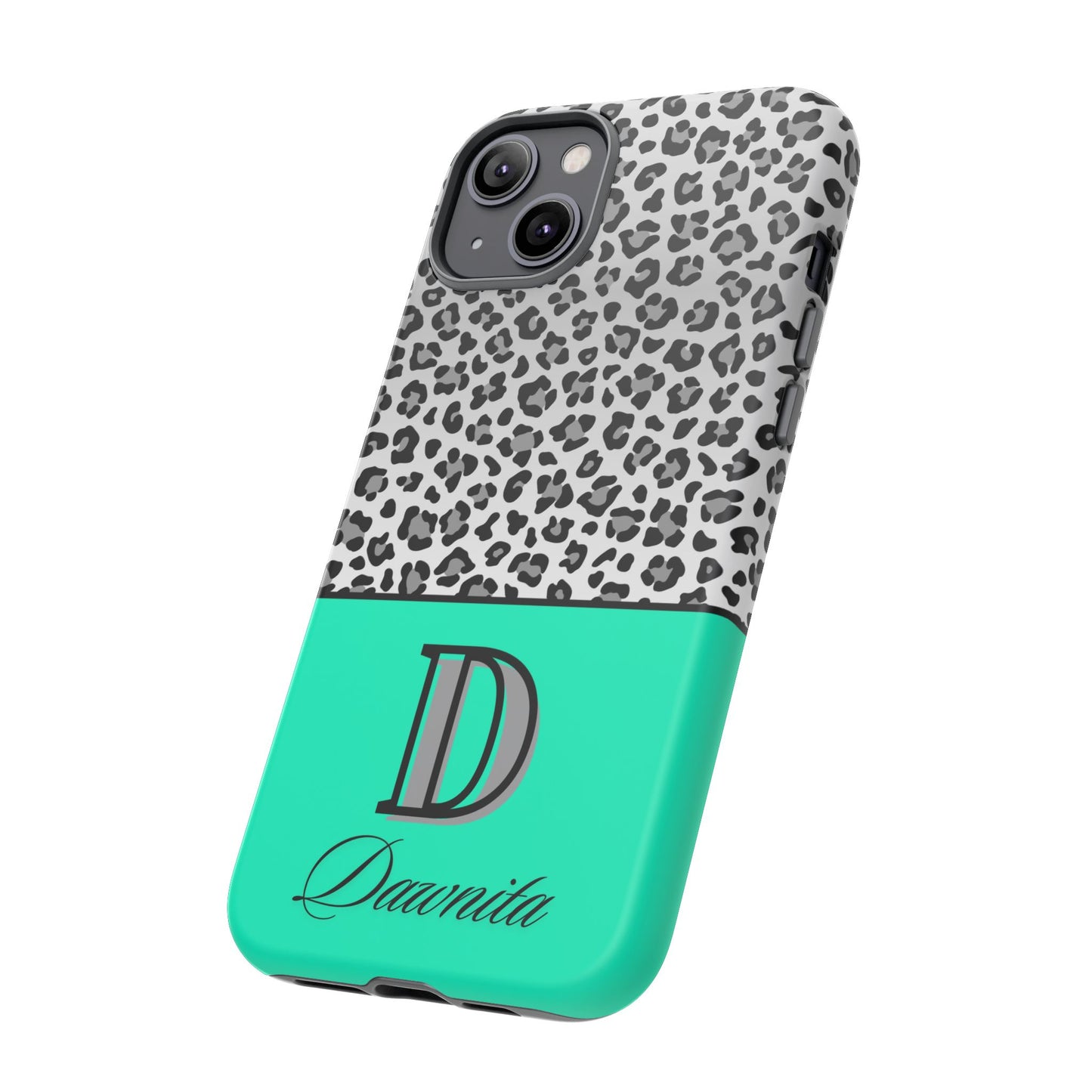 Gray Leopard Print and Teal Personalized Name Phone Case - for iPhone, Samsung, and Google Phones