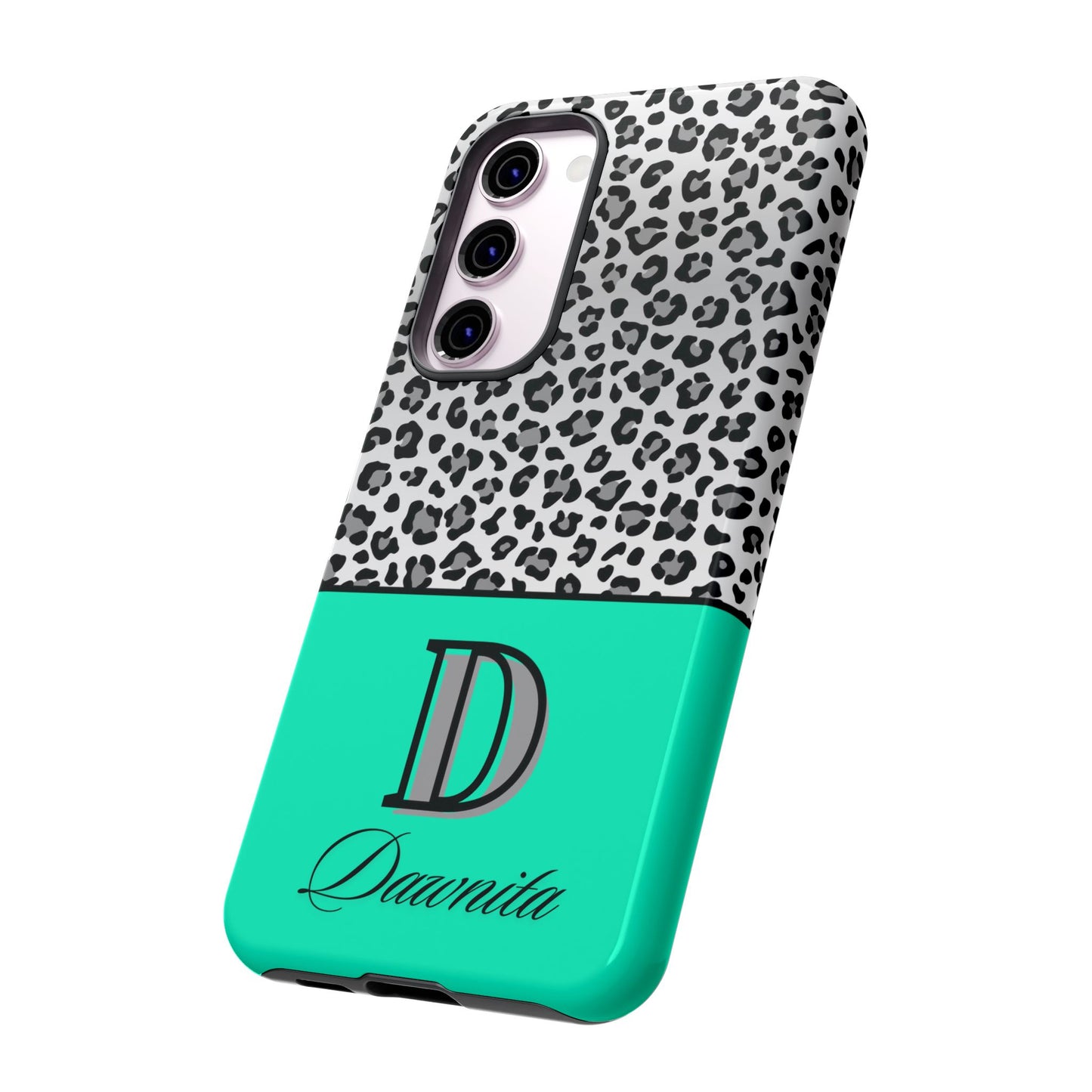 Gray Leopard Print and Teal Personalized Name Phone Case - for iPhone, Samsung, and Google Phones