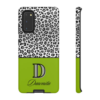 Gray Leopard Print and Green Personalized Name Phone Case - for iPhone, Samsung, and Google Phones