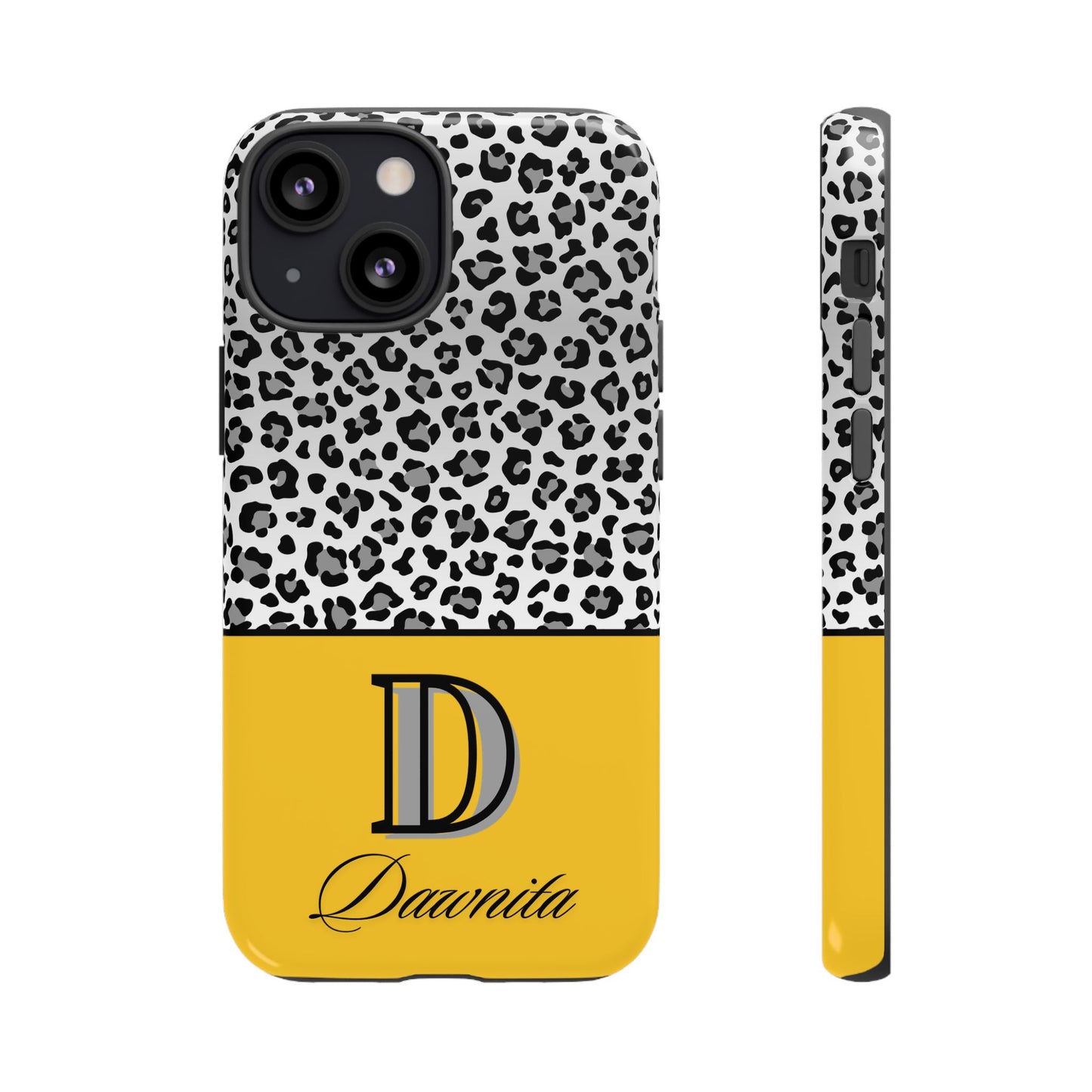 Gray Leopard Print and Yellow Personalized Name Phone Case - for iPhone, Samsung, and Google Phones