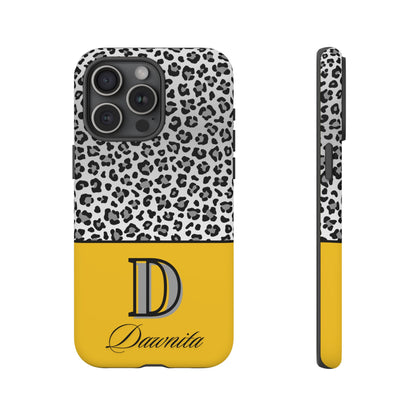 Gray Leopard Print and Yellow Personalized Name Phone Case - for iPhone, Samsung, and Google Phones