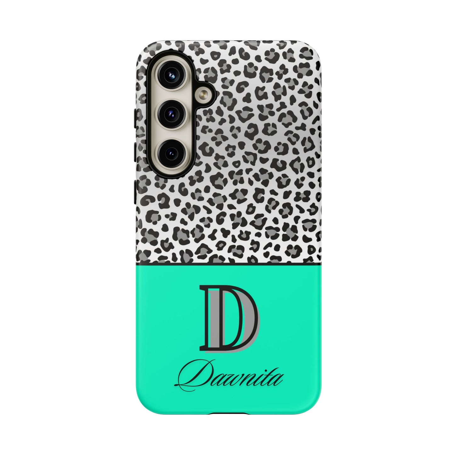 Gray Leopard Print and Teal Personalized Name Phone Case - for iPhone, Samsung, and Google Phones