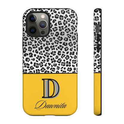 Gray Leopard Print and Yellow Personalized Name Phone Case - for iPhone, Samsung, and Google Phones