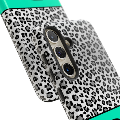 Gray Leopard Print and Teal Personalized Name Phone Case - for iPhone, Samsung, and Google Phones