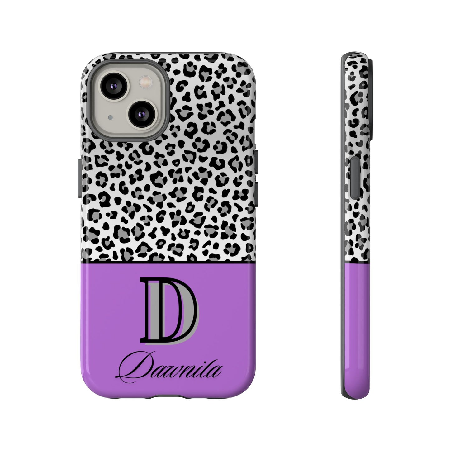 Gray Leopard Print and Purple Personalized Name Phone Case - for iPhone, Samsung, and Google Phones