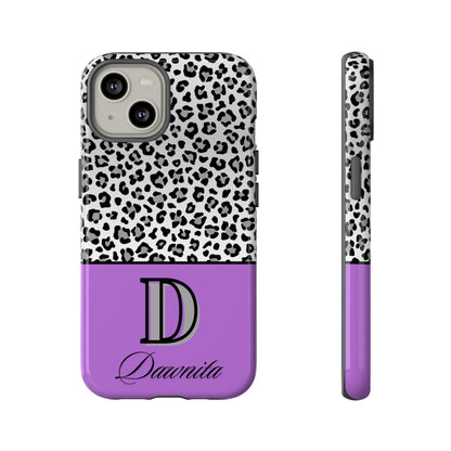 Gray Leopard Print and Purple Personalized Name Phone Case - for iPhone, Samsung, and Google Phones