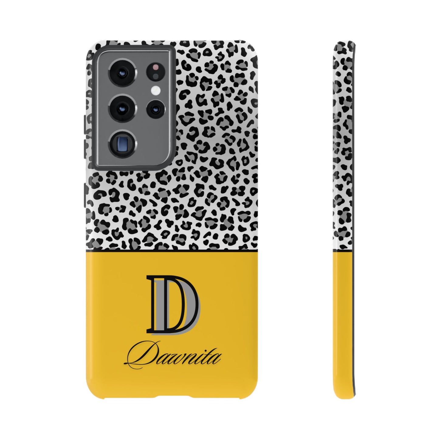 Gray Leopard Print and Yellow Personalized Name Phone Case - for iPhone, Samsung, and Google Phones