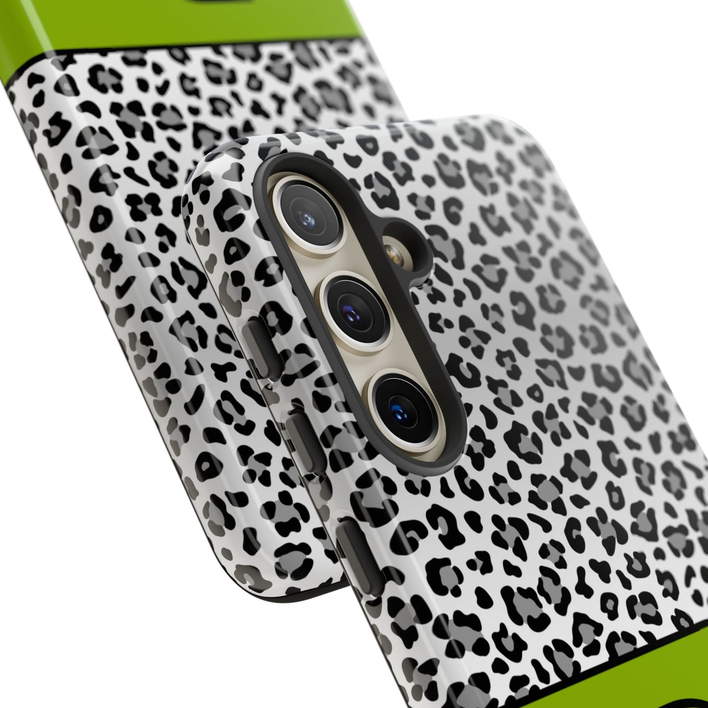 Gray Leopard Print and Green Personalized Name Phone Case - for iPhone, Samsung, and Google Phones