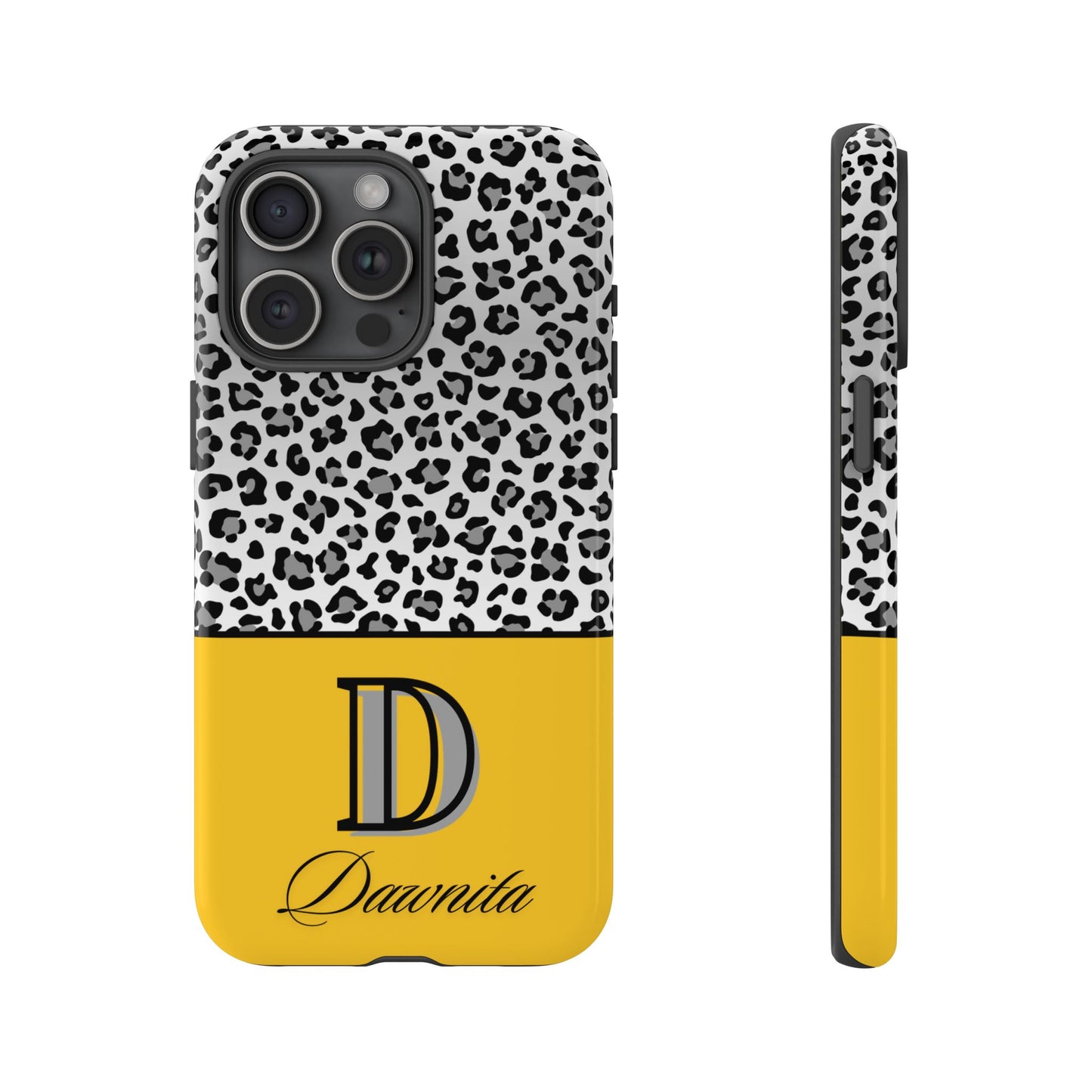 Gray Leopard Print and Yellow Personalized Name Phone Case - for iPhone, Samsung, and Google Phones