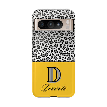 Gray Leopard Print and Yellow Personalized Name Phone Case - for iPhone, Samsung, and Google Phones