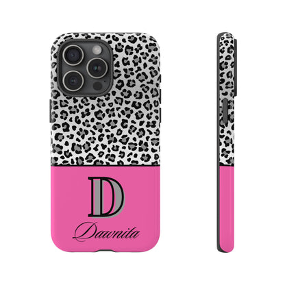 Gray Leopard Print and Pink Personalized Name Phone Case - for iPhone, Samsung, and Google Phones