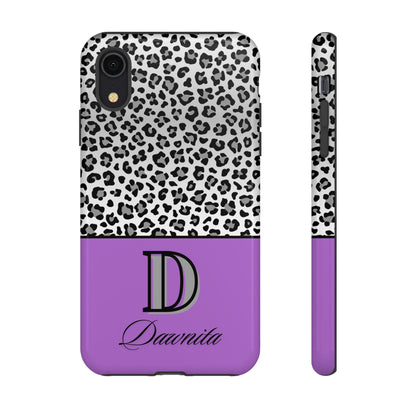 Gray Leopard Print and Purple Personalized Name Phone Case - for iPhone, Samsung, and Google Phones