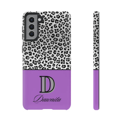 Gray Leopard Print and Purple Personalized Name Phone Case - for iPhone, Samsung, and Google Phones