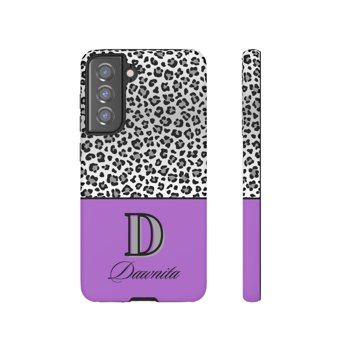 Gray Leopard Print and Purple Personalized Name Phone Case - for iPhone, Samsung, and Google Phones