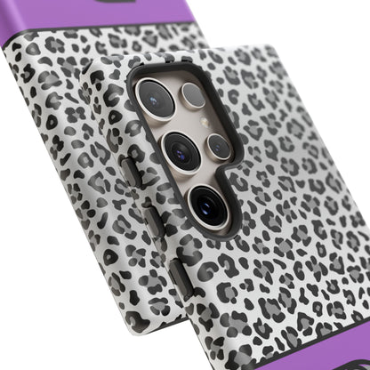 Gray Leopard Print and Purple Personalized Name Phone Case - for iPhone, Samsung, and Google Phones