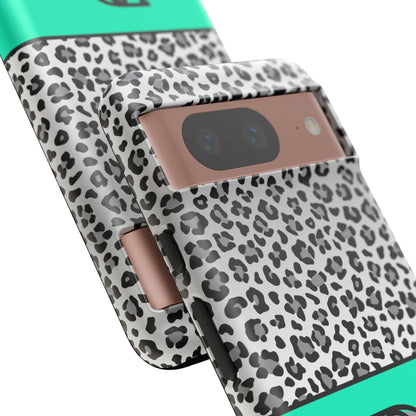 Gray Leopard Print and Teal Personalized Name Phone Case - for iPhone, Samsung, and Google Phones