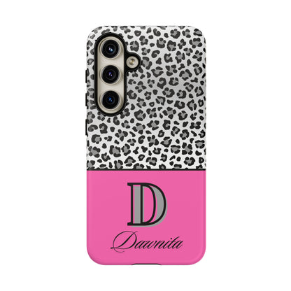 Gray Leopard Print and Pink Personalized Name Phone Case - for iPhone, Samsung, and Google Phones