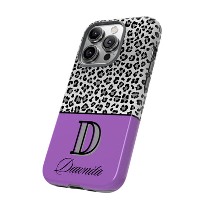 Gray Leopard Print and Purple Personalized Name Phone Case - for iPhone, Samsung, and Google Phones