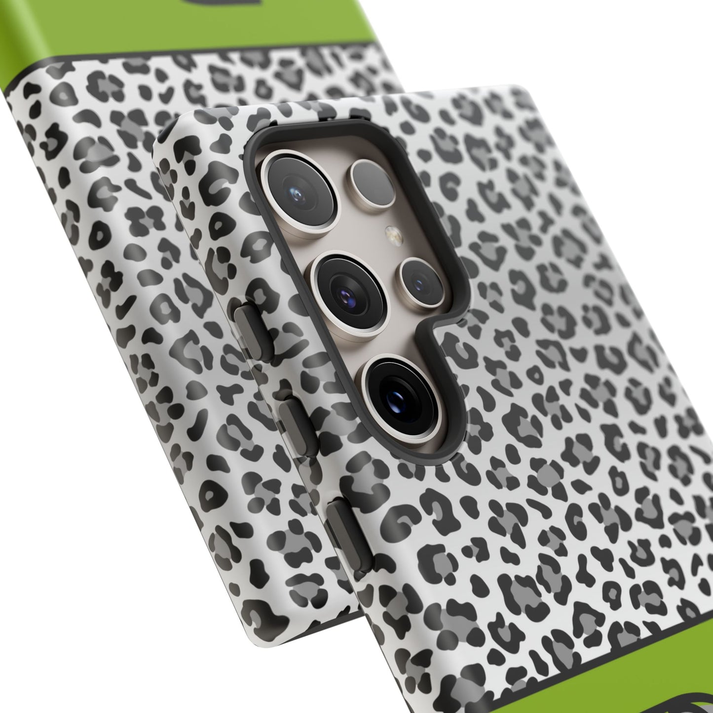 Gray Leopard Print and Green Personalized Name Phone Case - for iPhone, Samsung, and Google Phones