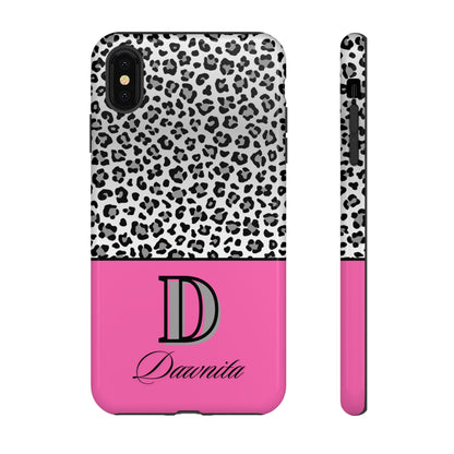 Gray Leopard Print and Pink Personalized Name Phone Case - for iPhone, Samsung, and Google Phones