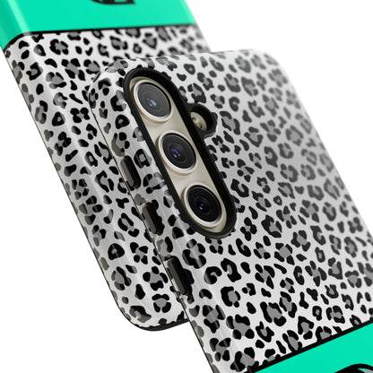 Gray Leopard Print and Teal Personalized Name Phone Case - for iPhone, Samsung, and Google Phones