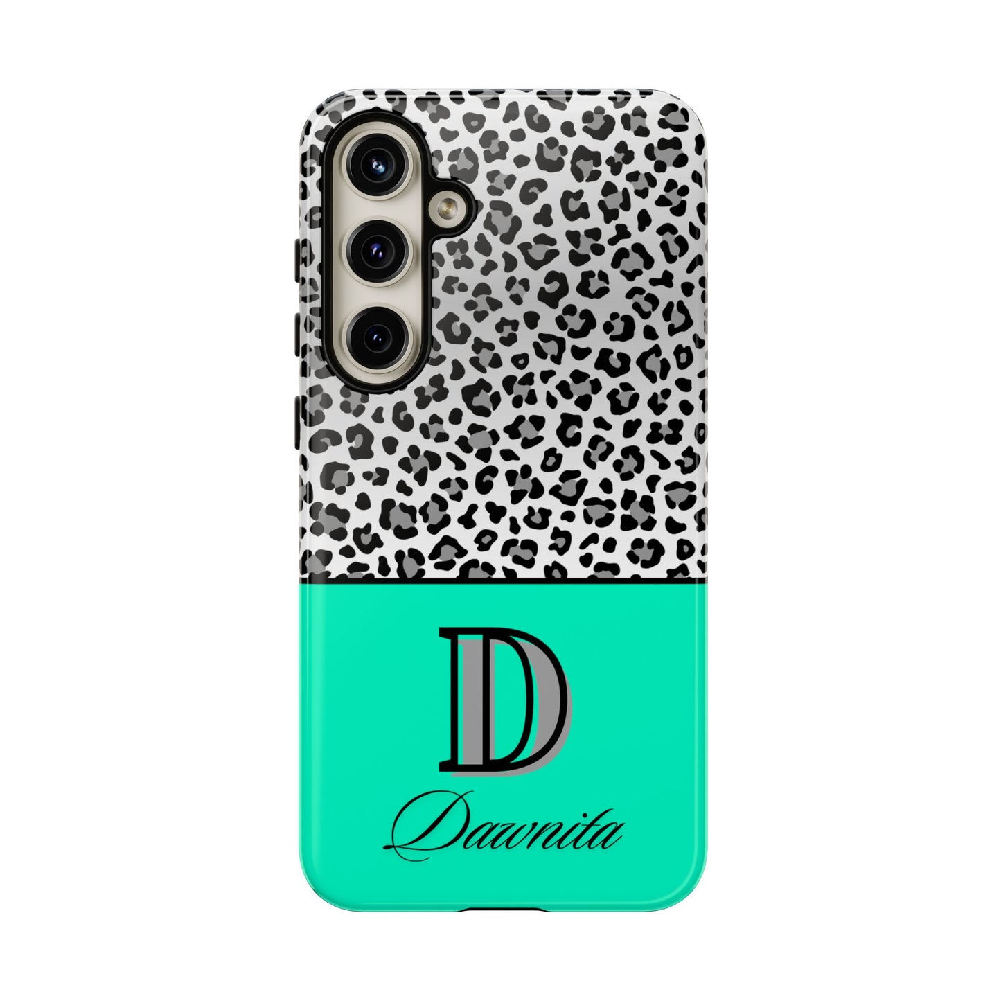 Gray Leopard Print and Teal Personalized Name Phone Case - for iPhone, Samsung, and Google Phones