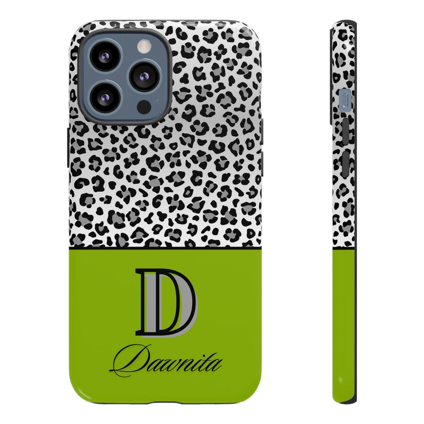 Gray Leopard Print and Green Personalized Name Phone Case - for iPhone, Samsung, and Google Phones