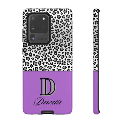 Gray Leopard Print and Purple Personalized Name Phone Case - for iPhone, Samsung, and Google Phones