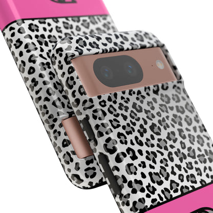 Gray Leopard Print and Pink Personalized Name Phone Case - for iPhone, Samsung, and Google Phones