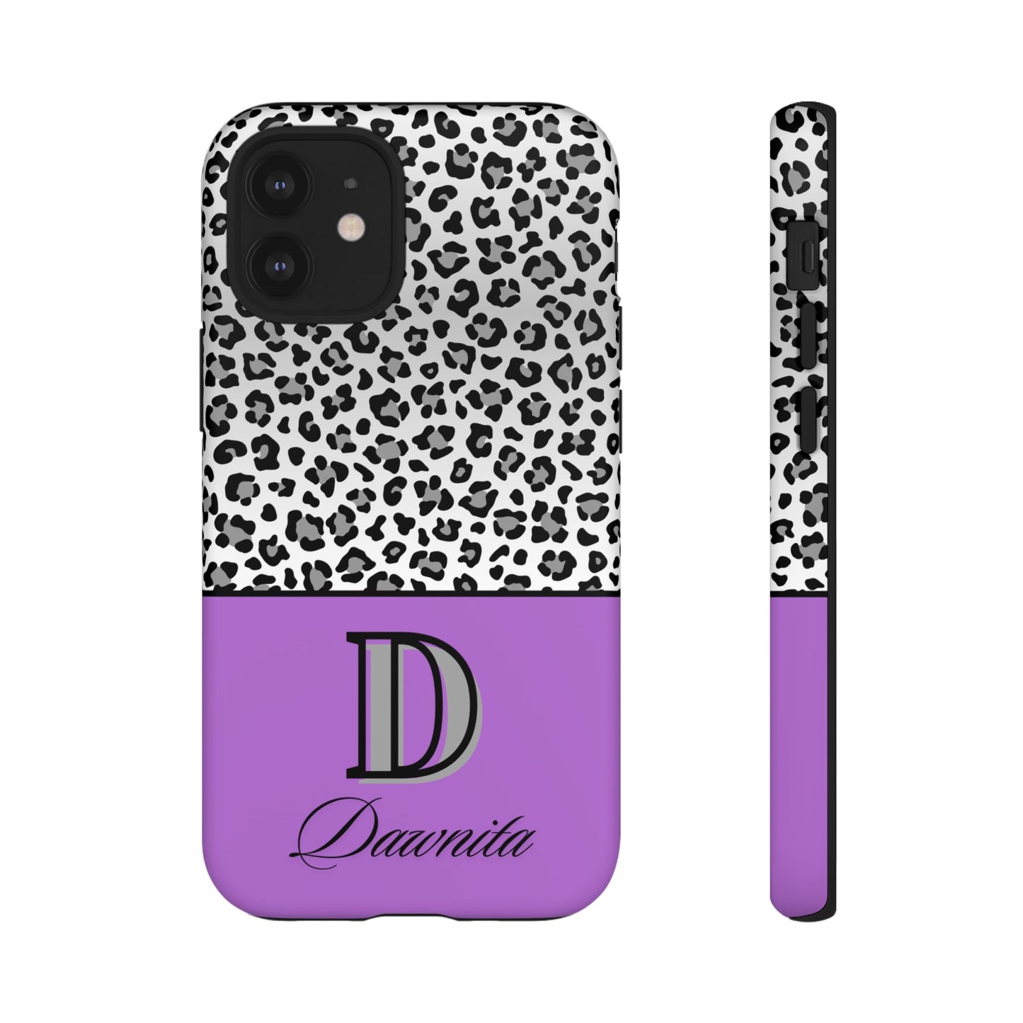 Gray Leopard Print and Purple Personalized Name Phone Case - for iPhone, Samsung, and Google Phones