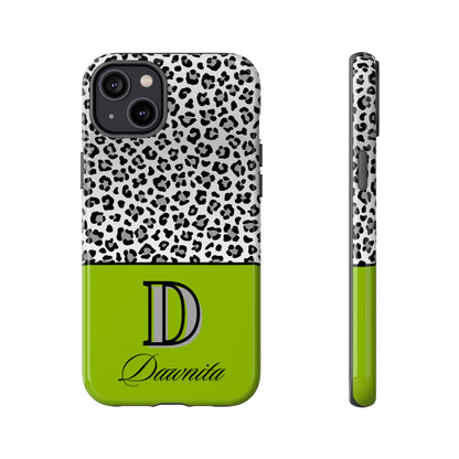 Gray Leopard Print and Green Personalized Name Phone Case - for iPhone, Samsung, and Google Phones