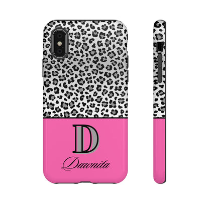 Gray Leopard Print and Pink Personalized Name Phone Case - for iPhone, Samsung, and Google Phones