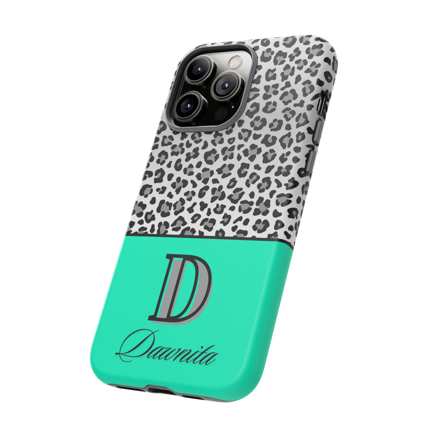 Gray Leopard Print and Teal Personalized Name Phone Case - for iPhone, Samsung, and Google Phones