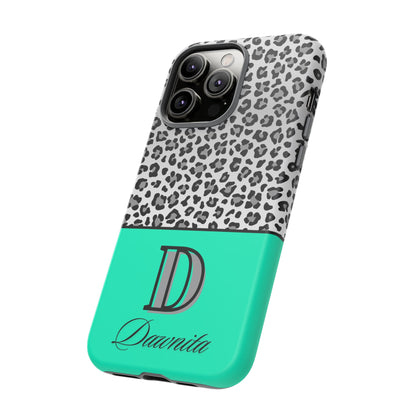 Gray Leopard Print and Teal Personalized Name Phone Case - for iPhone, Samsung, and Google Phones