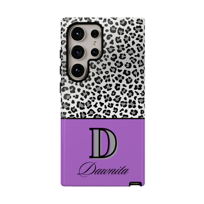 Gray Leopard Print and Purple Personalized Name Phone Case - for iPhone, Samsung, and Google Phones