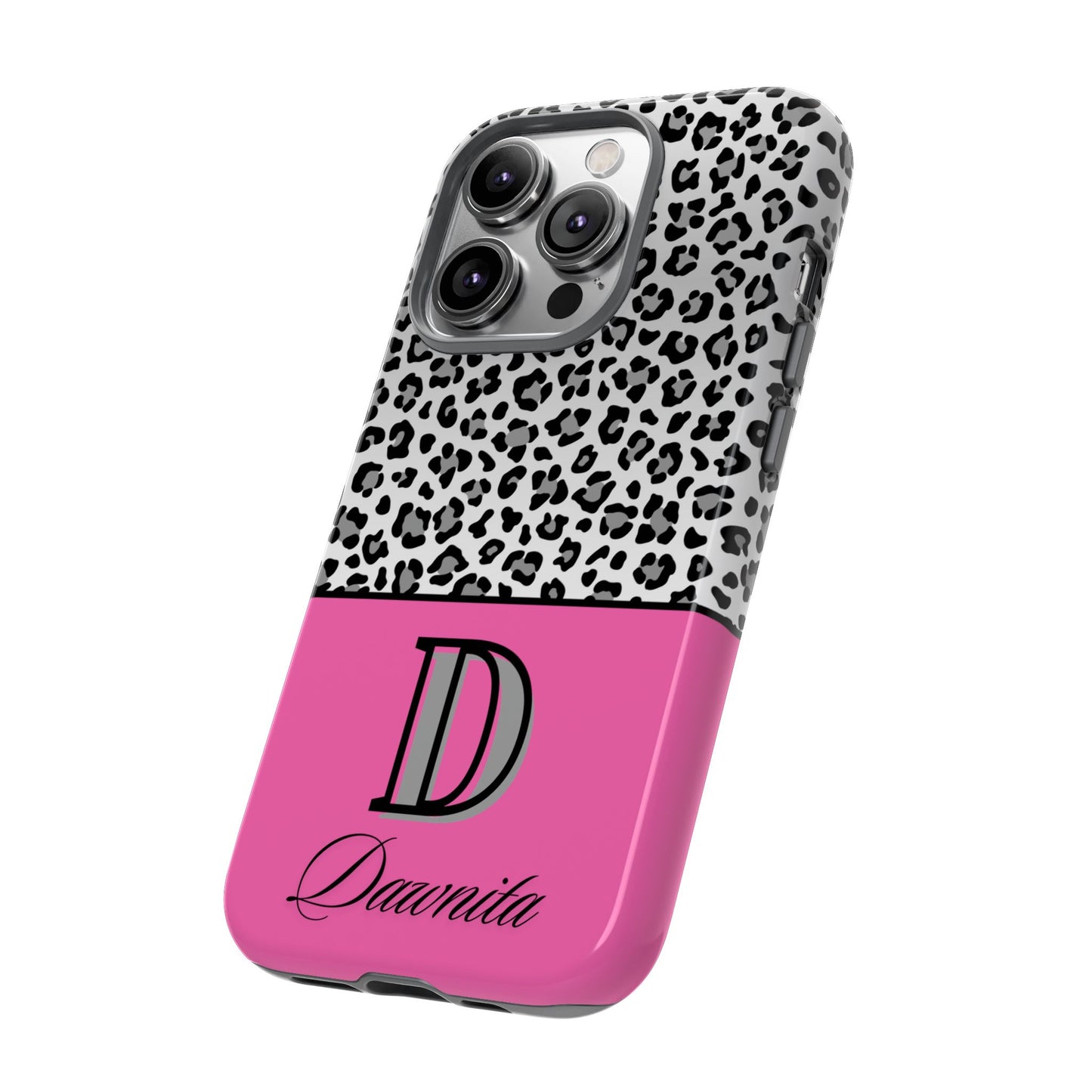 Gray Leopard Print and Pink Personalized Name Phone Case - for iPhone, Samsung, and Google Phones