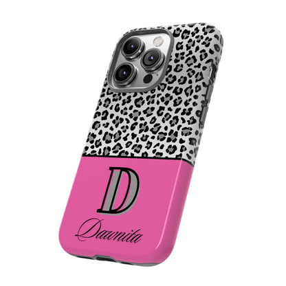 Gray Leopard Print and Pink Personalized Name Phone Case - for iPhone, Samsung, and Google Phones