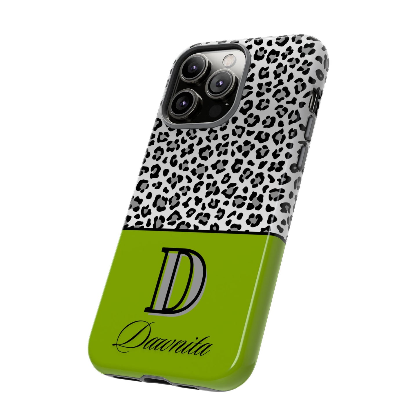 Gray Leopard Print and Green Personalized Name Phone Case - for iPhone, Samsung, and Google Phones