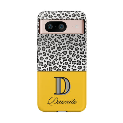 Gray Leopard Print and Yellow Personalized Name Phone Case - for iPhone, Samsung, and Google Phones