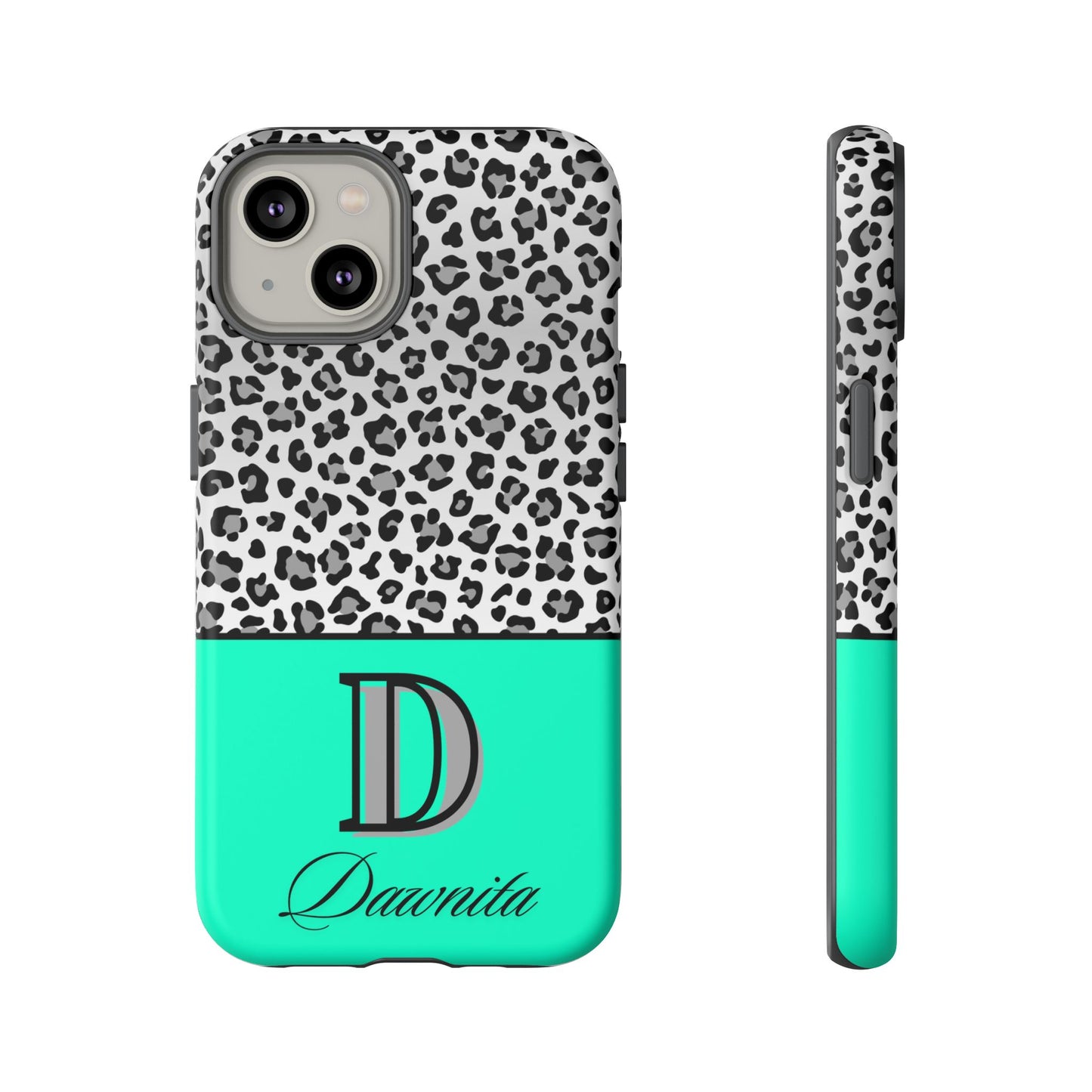 Gray Leopard Print and Teal Personalized Name Phone Case - for iPhone, Samsung, and Google Phones