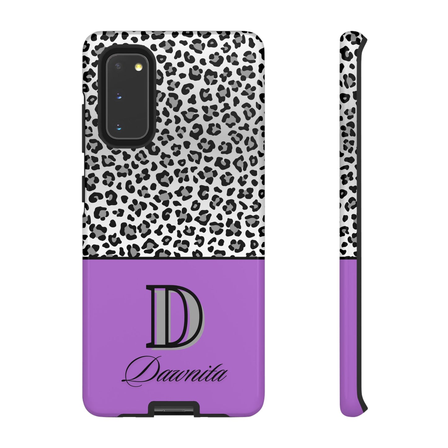 Gray Leopard Print and Purple Personalized Name Phone Case - for iPhone, Samsung, and Google Phones