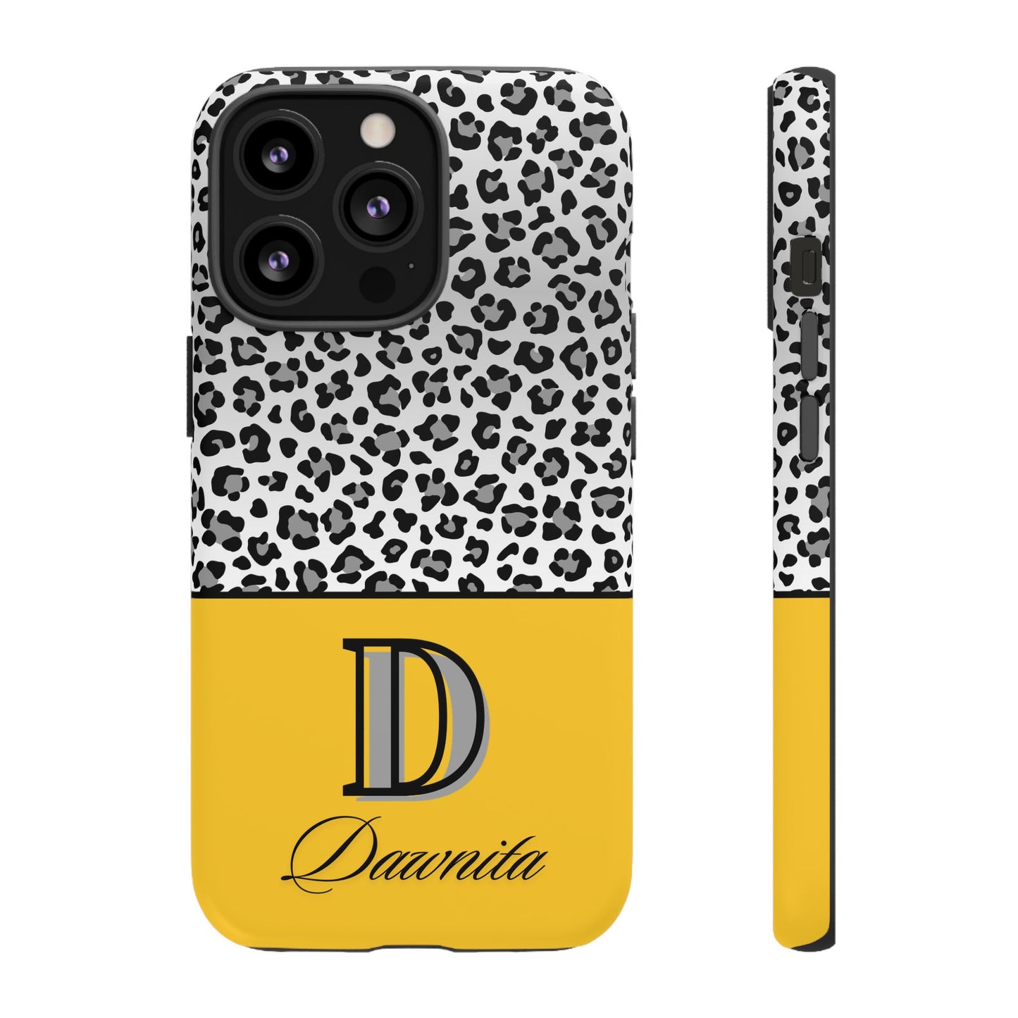 Gray Leopard Print and Yellow Personalized Name Phone Case - for iPhone, Samsung, and Google Phones