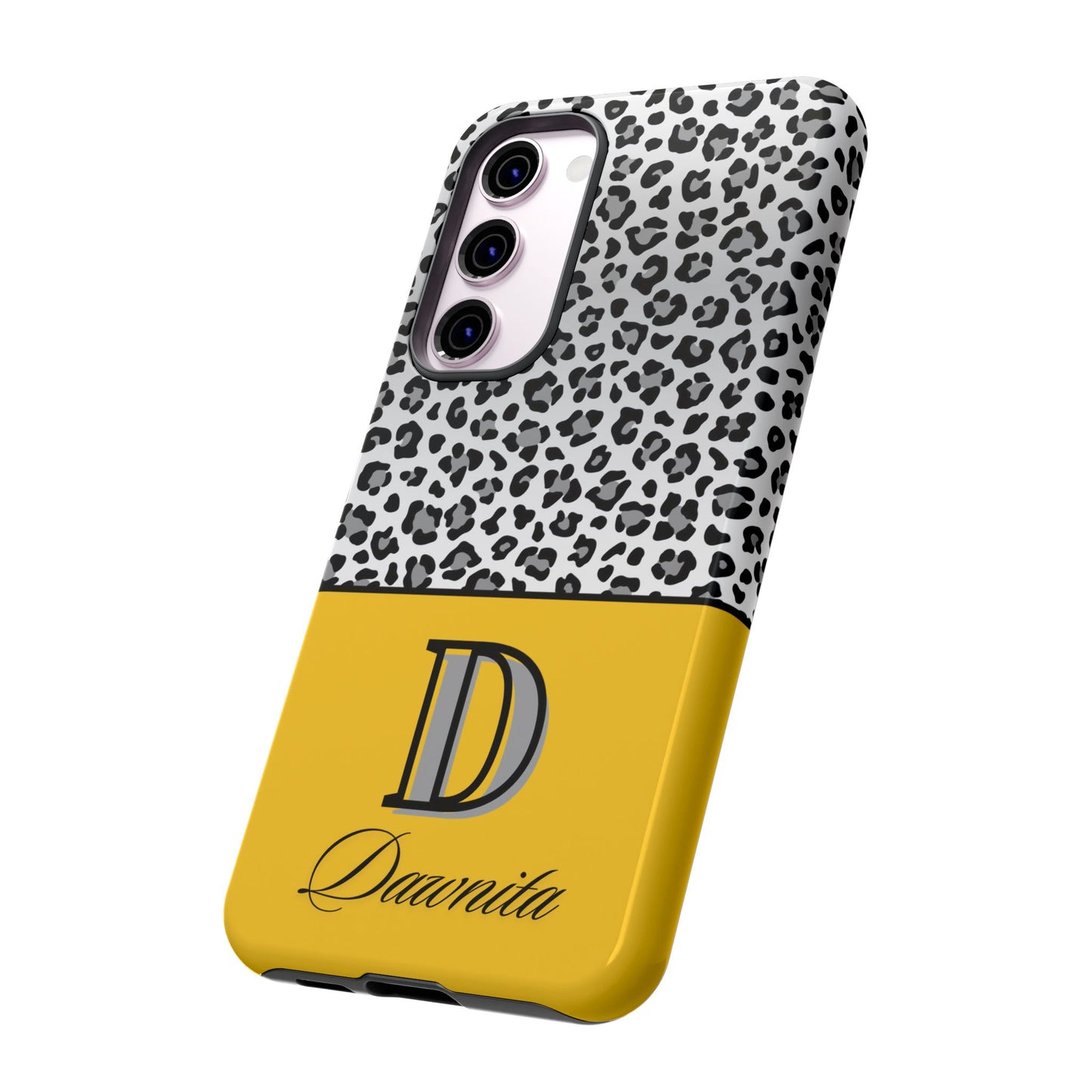 Gray Leopard Print and Yellow Personalized Name Phone Case - for iPhone, Samsung, and Google Phones