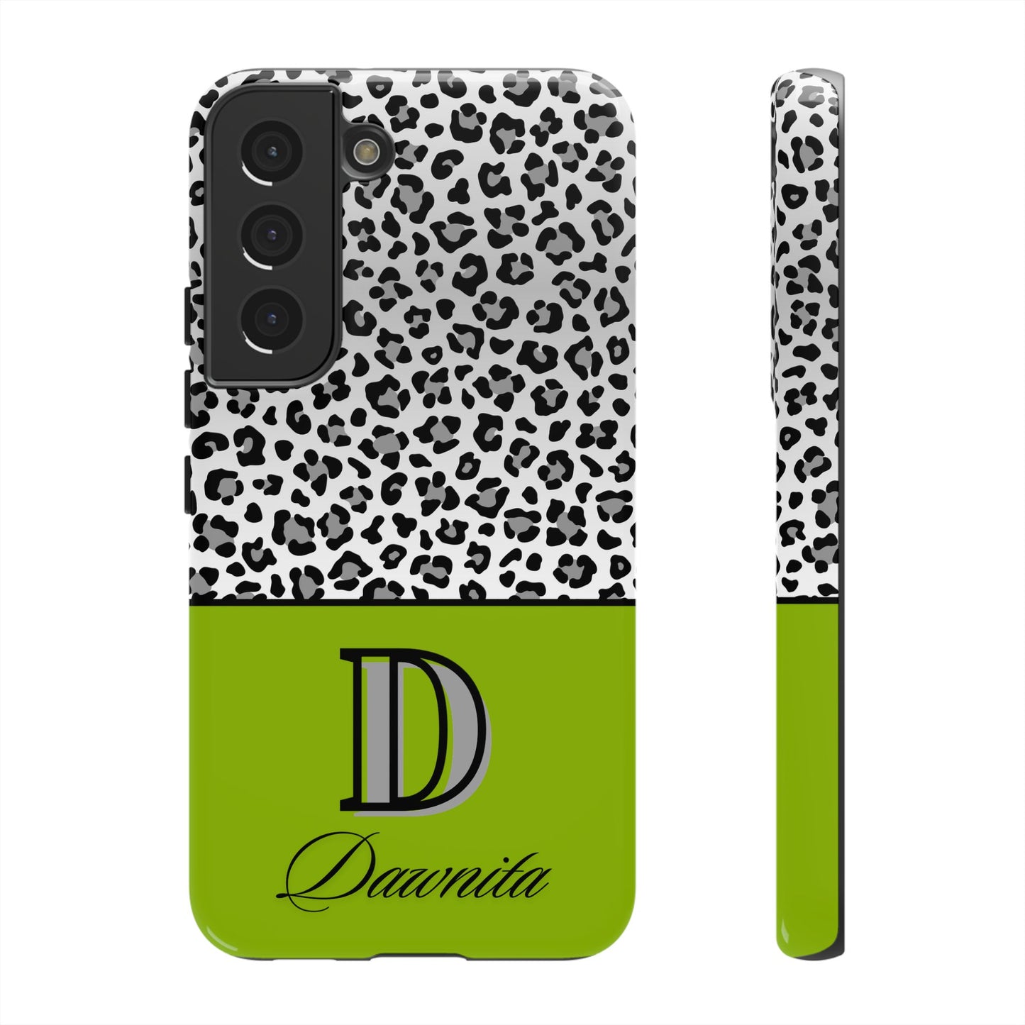 Gray Leopard Print and Green Personalized Name Phone Case - for iPhone, Samsung, and Google Phones