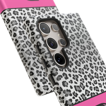 Gray Leopard Print and Pink Personalized Name Phone Case - for iPhone, Samsung, and Google Phones